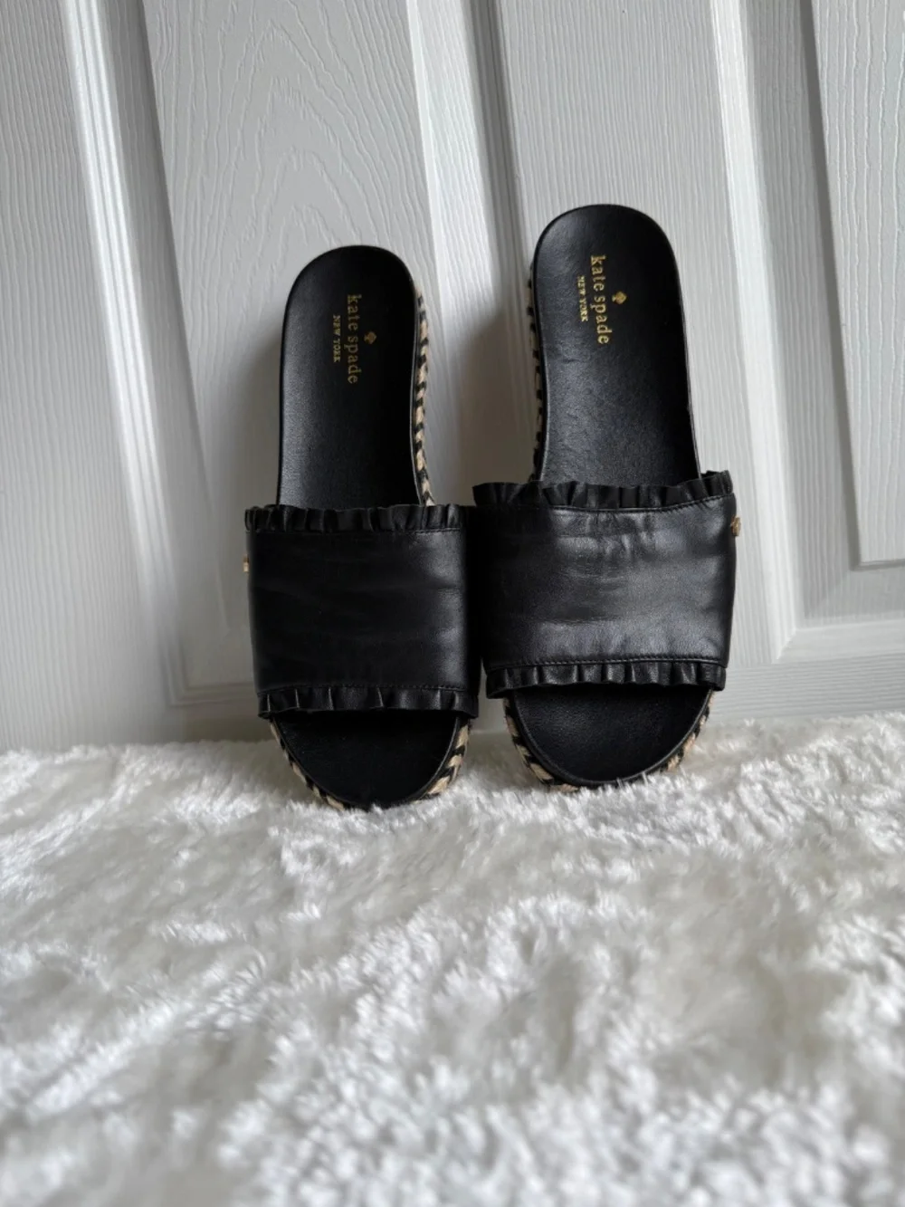 Kate Spade Zahara Black Leather Ruffle Espadrille Slide Sandals Size 9